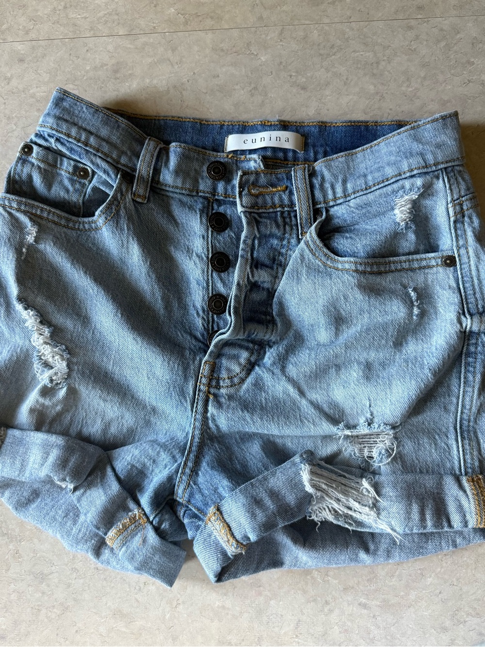 eunina Light Blue Distressed High-Waist Jean Shorts